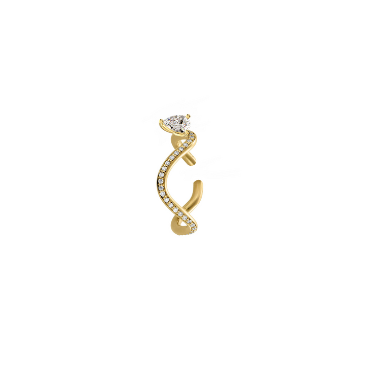 Nayestones Petite comete earcuff in 18k yellow gold paved with diamond and with a pear-cut diamond, in a white background, by Nayestones, Belgian fine jewelry.