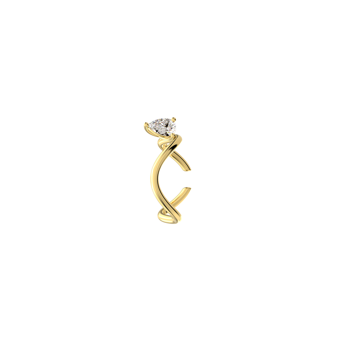 Petite Comète Earcuff from Nayestones, Belgian fine jewelry, in 18K yellow gold set with a pear-cut 0.39-carat diamond, in a white background.