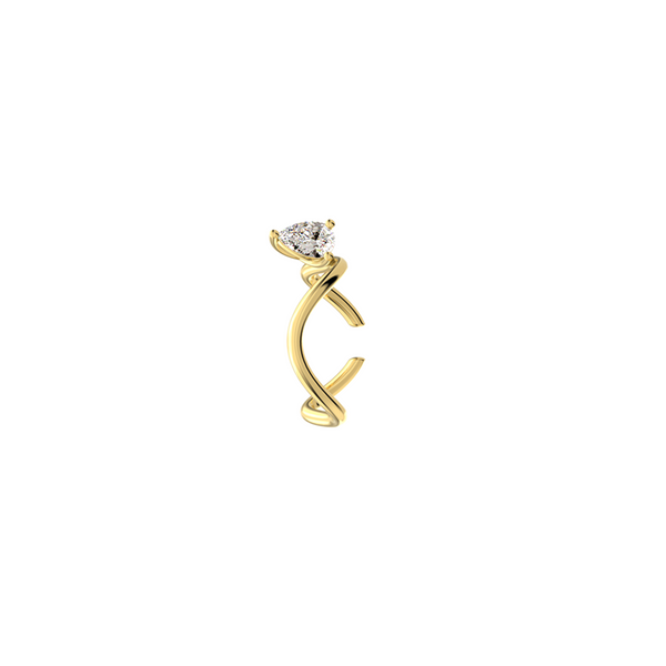 Petite Comète Earcuff from Nayestones, Belgian fine jewelry, in 18K yellow gold set with a pear-cut diamond, in a white background. Nayestones