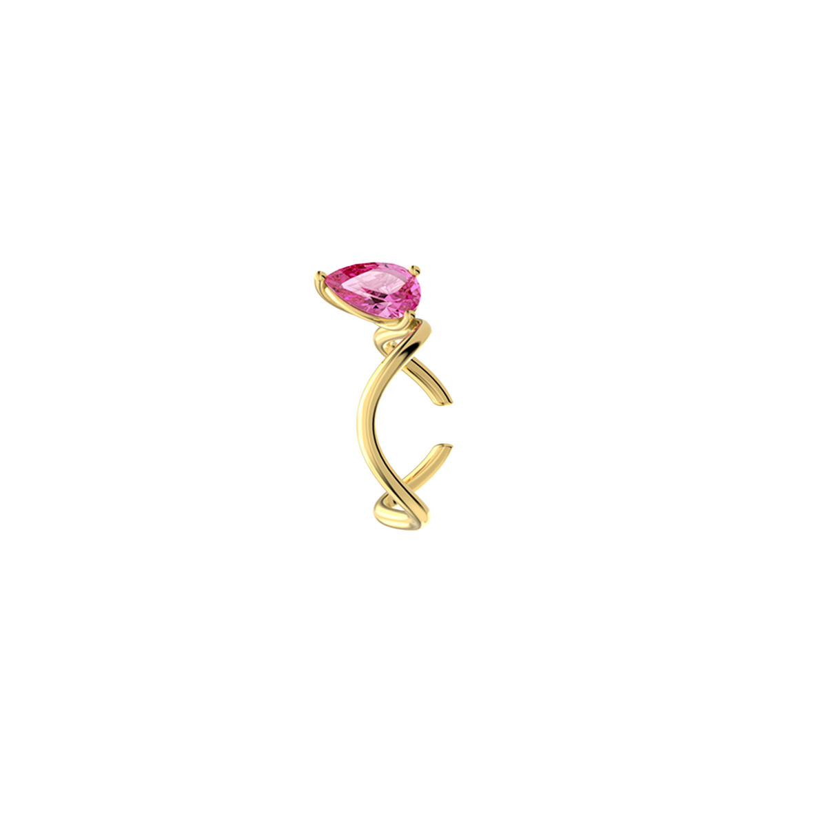 Petite Comète Earcuff from Nayestones, Belgian fine jewelry, in 18K yellow gold set with a pear-cut pink tourmaline, in a white background.