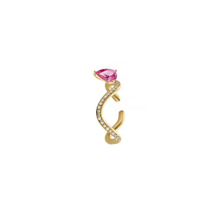 Nayestones Petite comete earcuff in 18k yellow gold paved with diamond and with a pear-cut pink tourmaline, in a white background, by Nayestones, Belgian fine jewelry. 