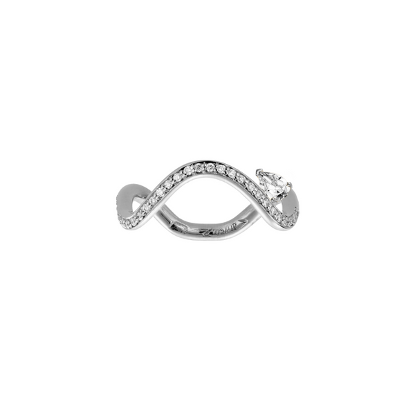 Petite Comete engagement ring in 18k white gold ring paved with diamonds and with a 0.25-carat Pear Star Diamond in a white background by Nayestones, Belgian Fine Jewelry. Nayestones
