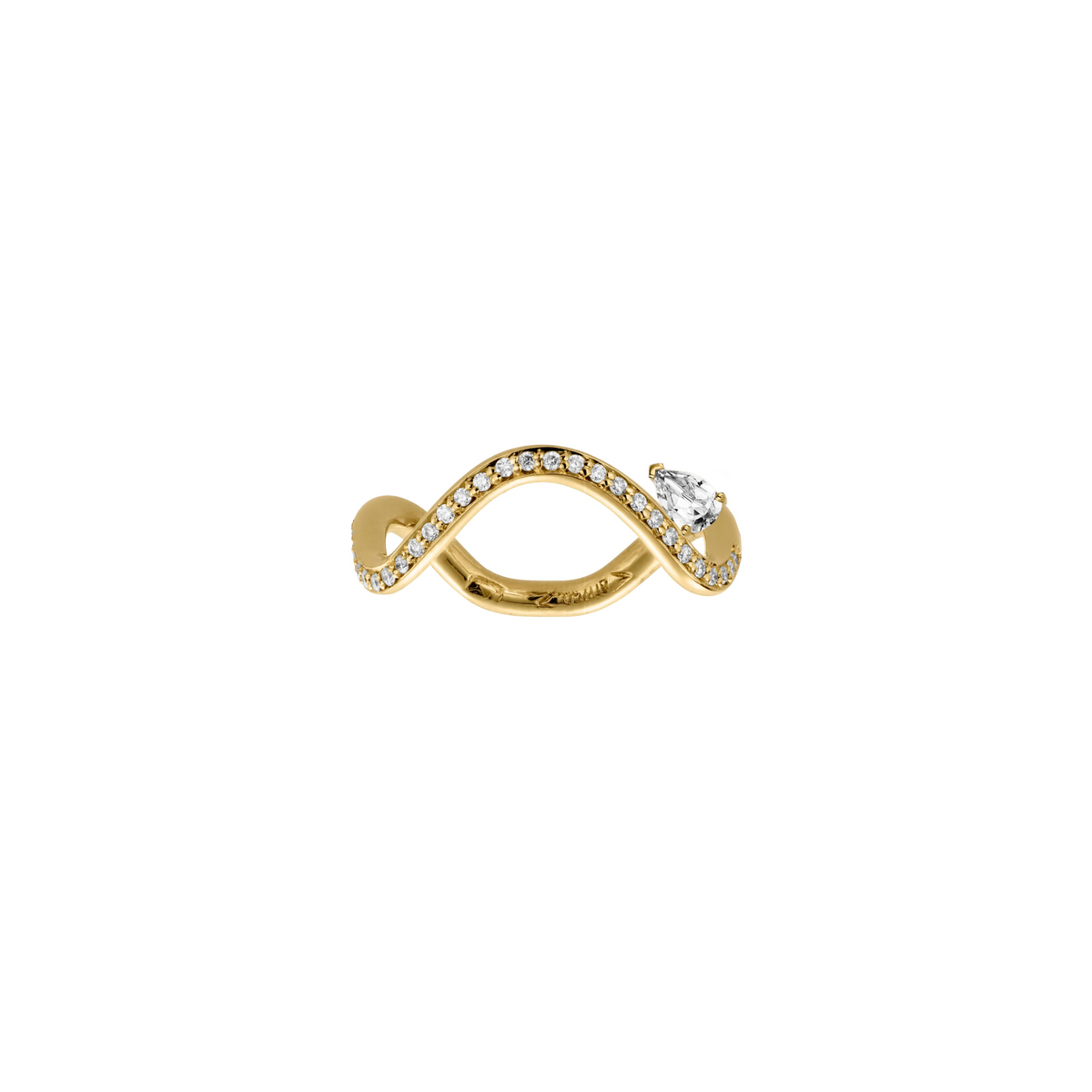 Petite Comete engagement ring in 18k yellow gold ring paved with diamonds and with a 0.25-carat Pear Star Diamond in a white background by Nayestones, Belgian Fine Jewelry.