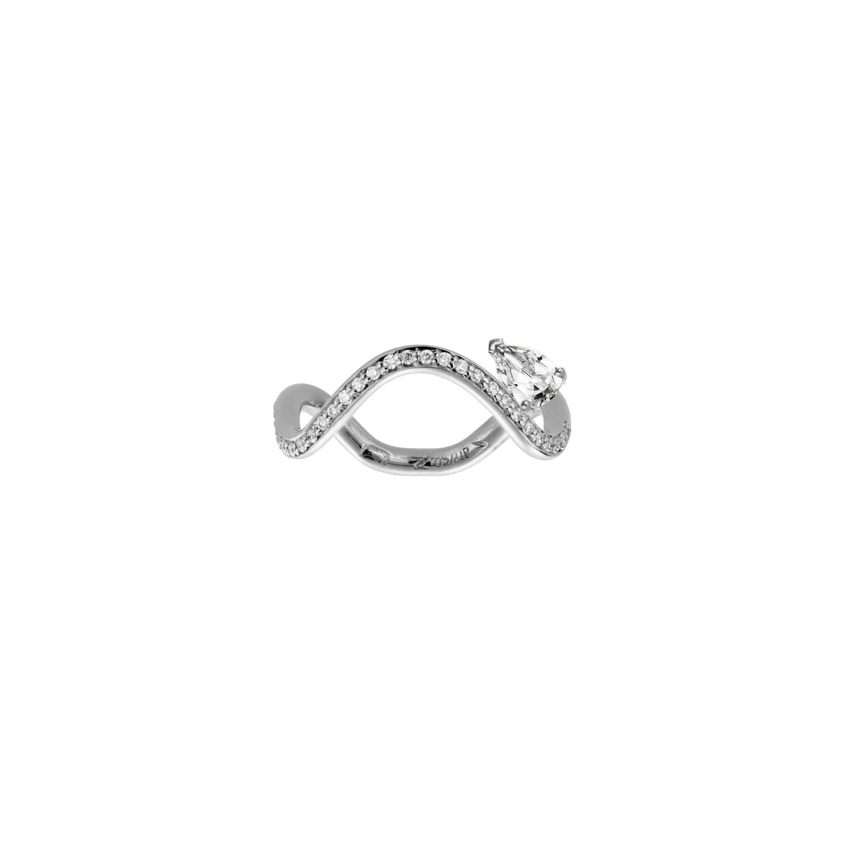 Petite Comete engagement ring in 18k white gold ring paved with diamonds and with a 0.7-carat Pear Star Diamond in a white background by Nayestones, Belgian Fine Jewelry.