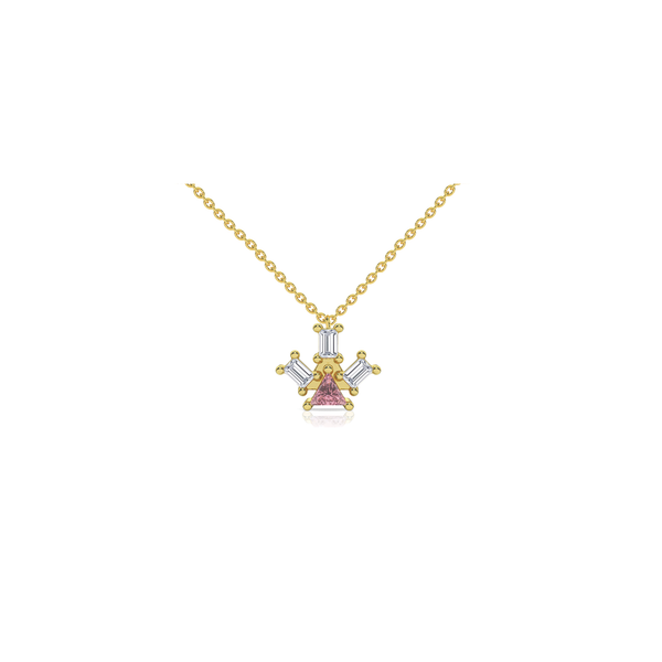 Necklace crafted in 18-karat gold with one pink tourmaline triangle stone and three exquisite white diamond baguettes, a creation by Nayestones contemporary jewelry crafted in Antwerp.