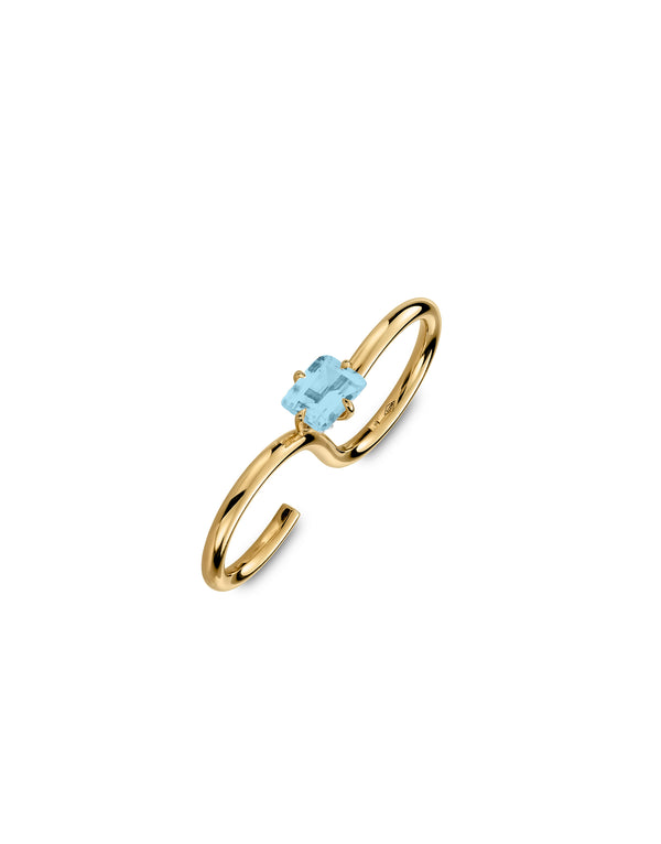 Signature Double ring in 9K yellow gold with a center blue topaz stone by Nayestones, Belgian fine jewelry. Nayestones