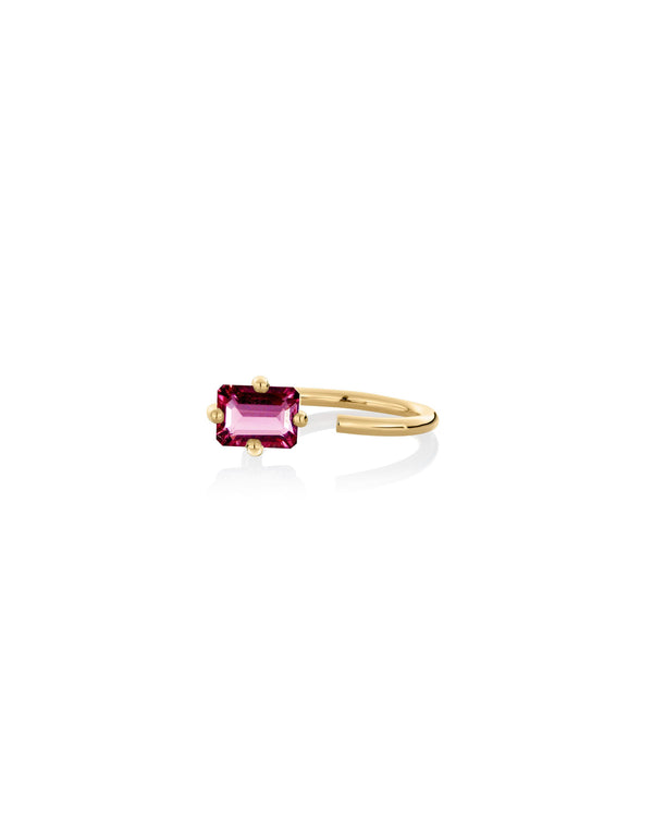 Signature Octogone engagement ring in 9k yellow gold with an octagon-cut rhodolite by Nayestones, Belgian Fine Jewelry. Nayestones