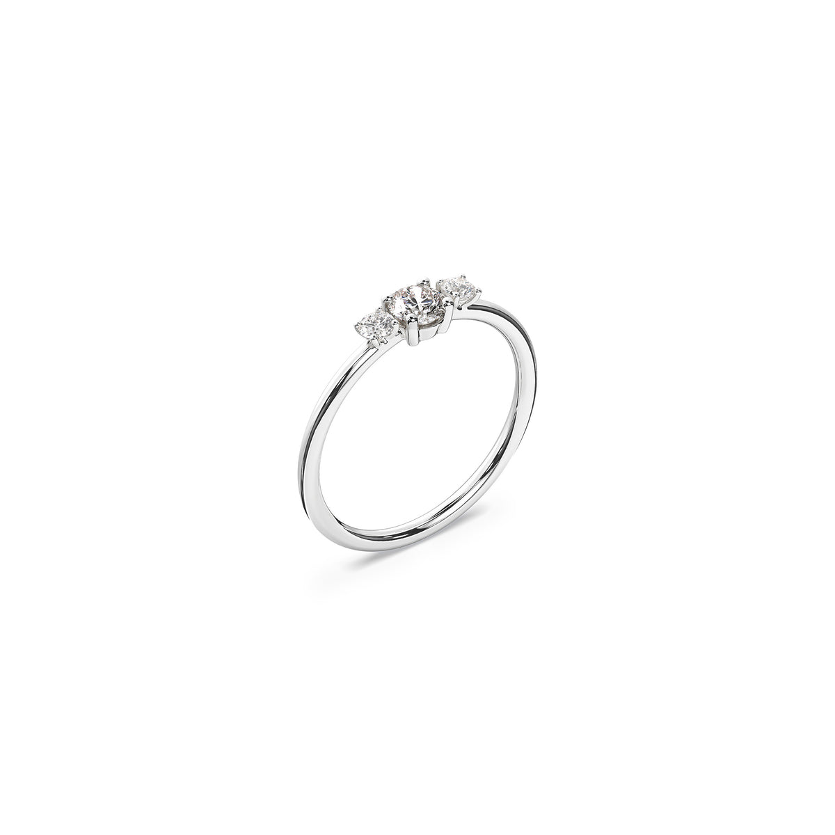 Trilogy engagement ring in 18K white gold with 0.25 carat diamond center stone by Nayestones, Belgian fine jewelry brand.