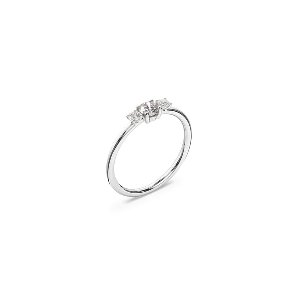 elegant 18K white recycled gold trilogy diamond wedding band - 0.5 carat center stone and two 0.065 carat side stones. Nayestones Belgian designer Jewellery