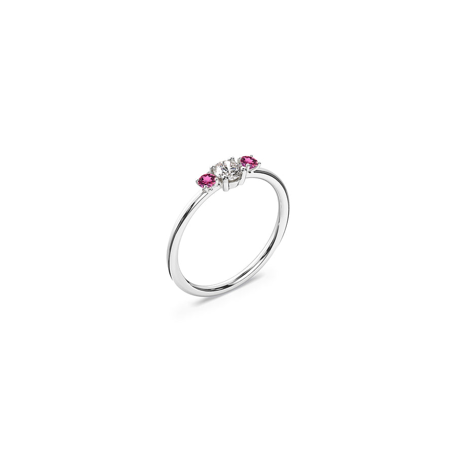 Diamond 18K withe recycled gold trilogy wedding band - 0.25 carat center stone and two 0.068 carat pink tourmaline side stones. Nayestones Contemporary Fine Jewellery made in Antwerp