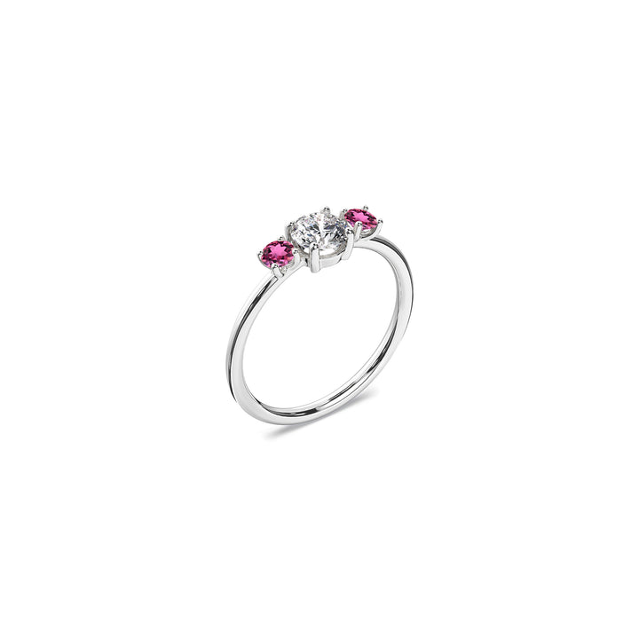 Diamond 18K white recycled gold trilogy wedding band - 0.5 carat center stone and two 0.1 carat pink tourmaline side stones. Nayestones Contemporary Fine Jewellery made in Antwerp