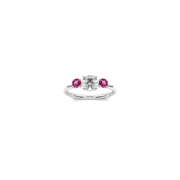 Diamond 18K white recycled gold trilogy wedding band - 0.75 carat center stone and two 0.18 carat pink tourmaline side stones. Nayestones Contemporary Fine Jewellery made in antwerp