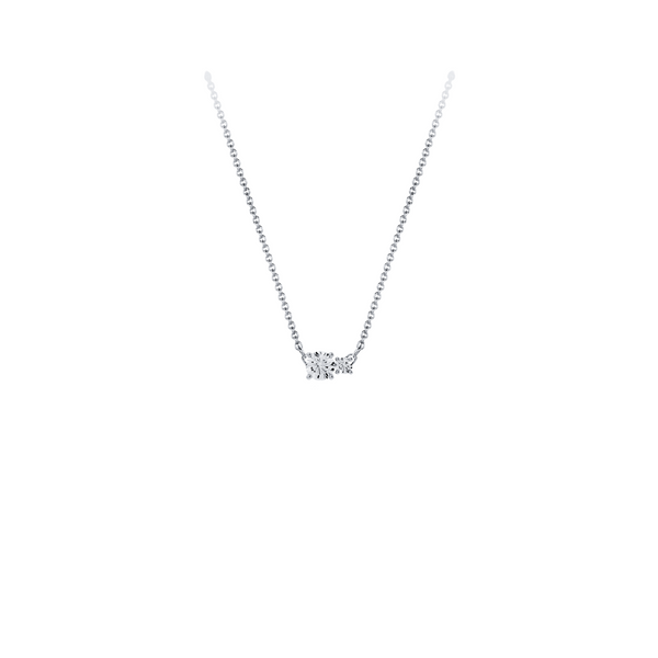 Necklace in 18K white gold with a central 0.25-carat diamond and a second smaller one, front view on white background. Elegant, streamlined design from the Essentials collection by Nayestones. Nayestones