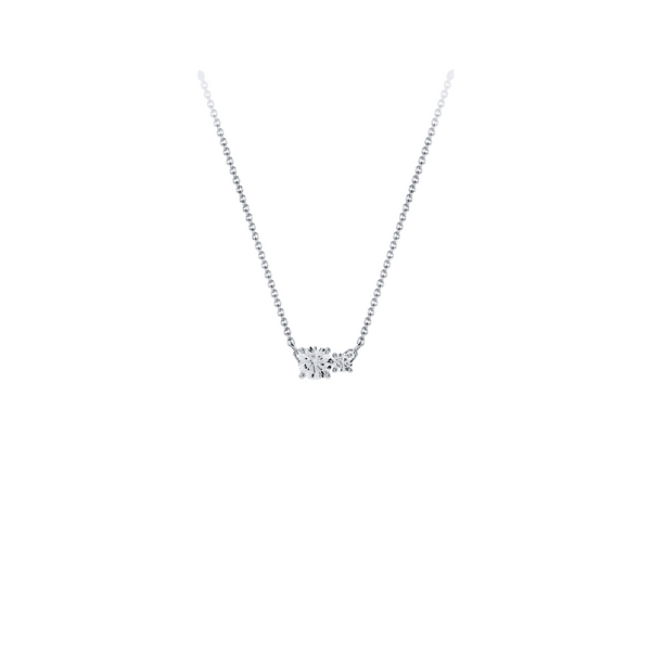 Necklace in 18K white gold with a central 0.50-carat diamond and a second smaller one, front view on white background. Elegant, streamlined design from the Essentials collection by Nayestones. Nayestones
