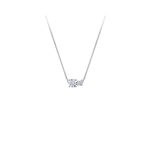 Necklace in 18K white gold with a central 0.70-carat diamond and a second smaller one, front view on white background. Elegant, streamlined design from the Essentials collection by Nayestones. Nayestones