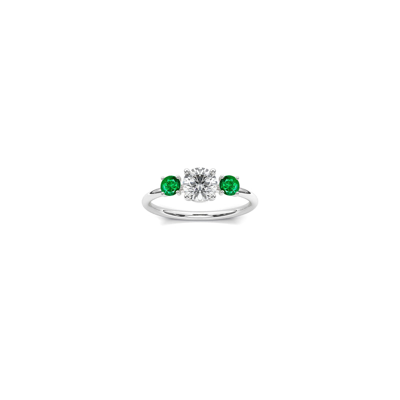 emerald and diamond 18K white recycled gold trilogy wedding band - 0.75 carat center stone and two 0.18 carat side stones. Nayestones Contemporary Fine Jewellery made in antwerp Nayestones