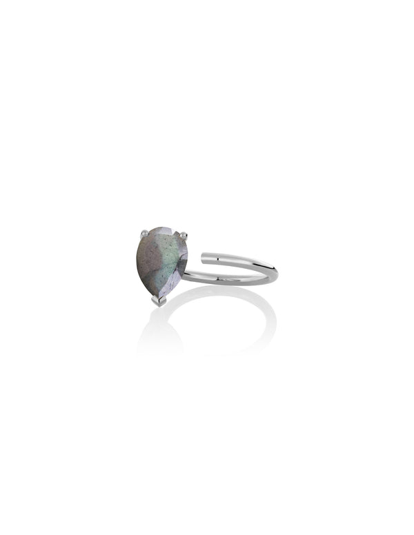  Bloom Ring in 9k white gold ring with a pear-cut labradorite stone by Nayestones, Belgian fine jewelry Nayestones