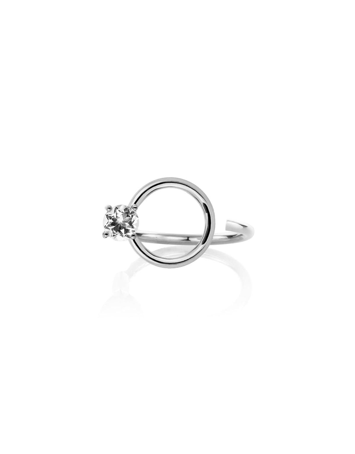 Signature Curl Ring in 9K white gold with a round cut white topaz by Nayestones, Belgian fine jewelry.