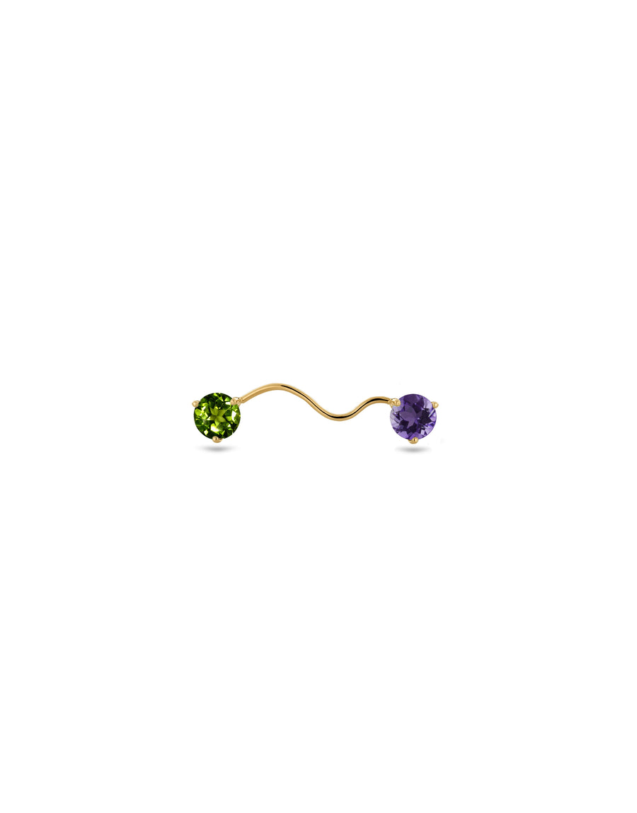 eloise-gold earring by Nayestones with one round cut purple amethyst and one green round topaz - Belgian contemporary jewellery