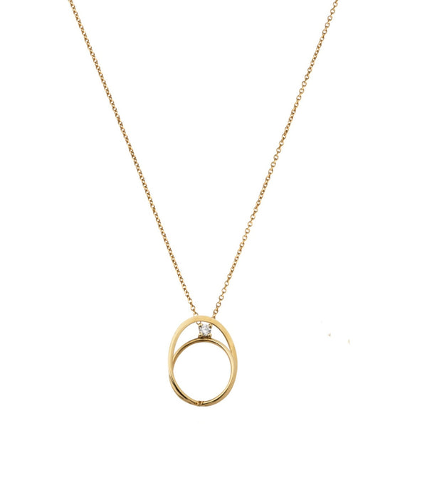 Elegant 18K sustainable gold necklace featuring a white diamond of 0.05ct, pendant height 1.5cm. Chain lengths: 43cm and 41cm. Nayestones Creative Fine Jewelry, Made in Antwerp.