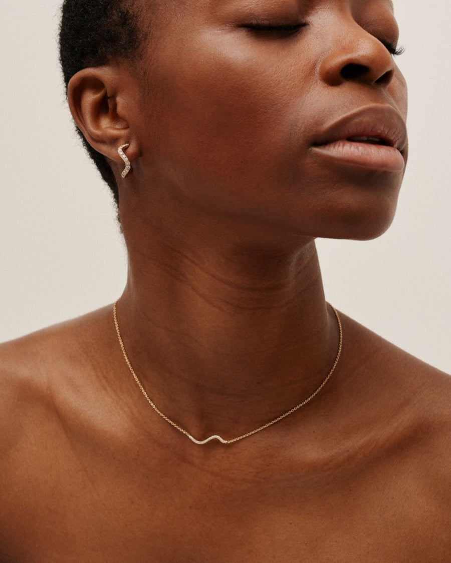 18K Sustainable Gold Diamond Necklace Weight -Petite Comète Collection - Minimalist Elegant Design - Ethically Sourced White Diamonds - stacked from a matching earring