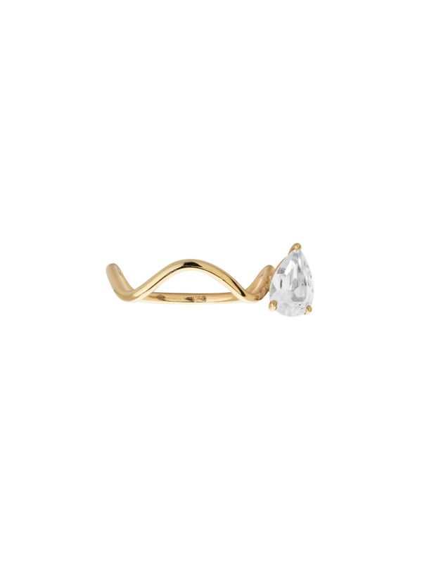 Petite Comète engagament ring in 9K Gold Ring with a White Topaz Pear-Cut Stone on the Right Side by Nayestones, Belgian fine jewelry.  Nayestones