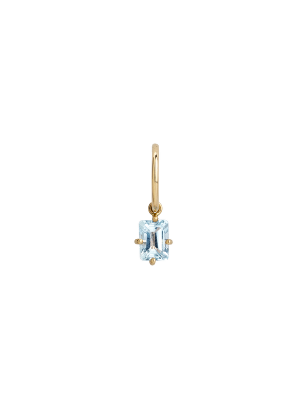 Bloom petite creole earring in 9K yellow gold with a octagon-cut blue topaz by Nayestones, Belgian Fine Jewelry.  Nayestones