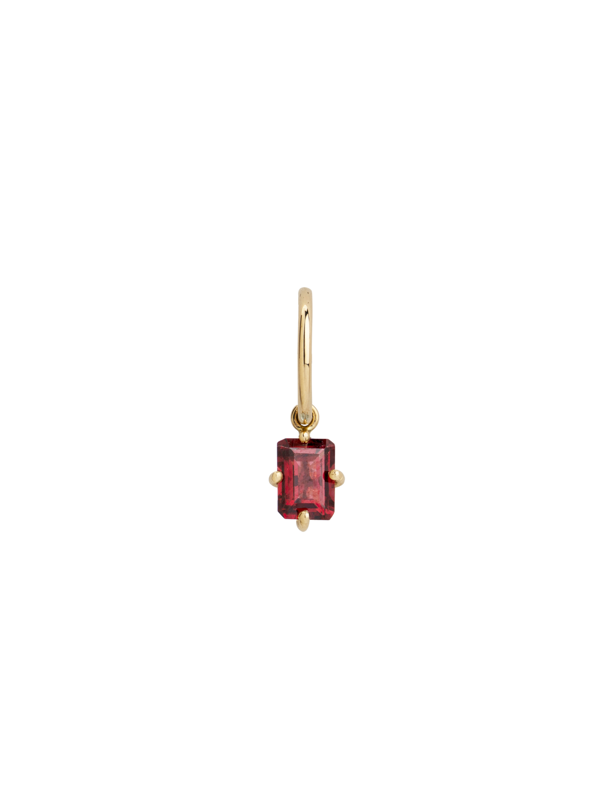 Bloom petite creole earring in 9K yellow gold with a octagon-cut rhodolite by Nayestones, Belgian Fine Jewelry. 