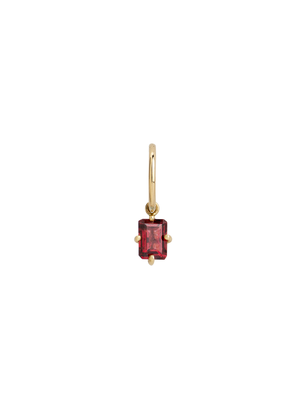 Bloom petite creole earring in 9K yellow gold with a octagon-cut rhodolite by Nayestones, Belgian Fine Jewelry.  Nayestones