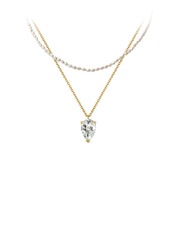 Discover elegance with Nayestones' adjustable 9K gold Amethyst green necklace, a stunning combination of pearls and chains designed for stacking.
