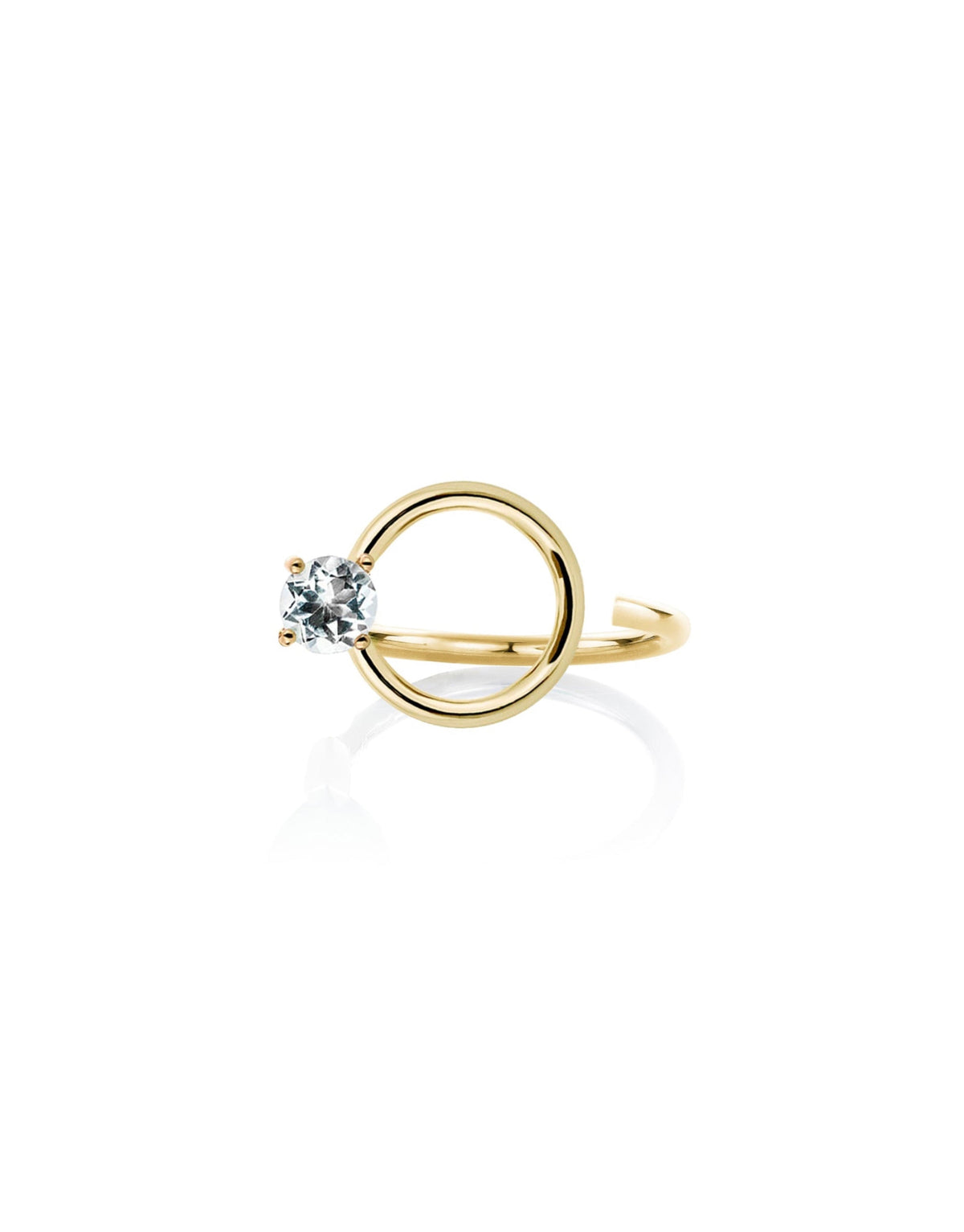 Signature Curl Ring in 9K yellow gold with a round cut white topaz by Nayestones, Belgian fine jewelry.