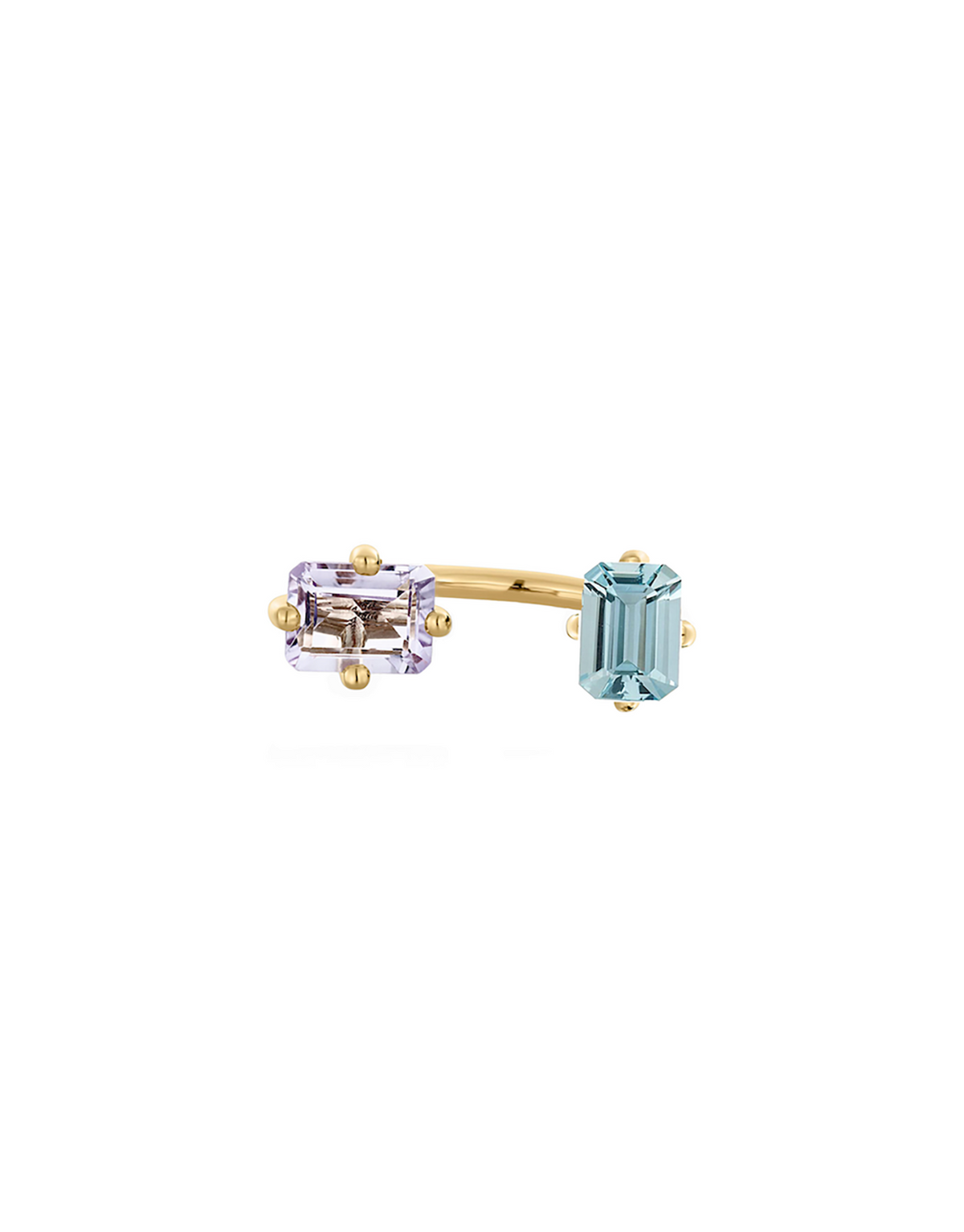 Double Octogone Ring in 9K yellow gold one light purple topaz and one light blue topaz by Nayestones, Belgian fine jewelry. 