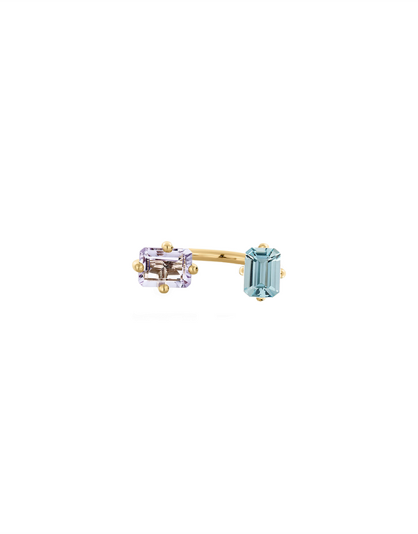 Ring 9K gold one light purple topaz and one light blue topaz  octogone cut - double octagon cut ring -  Nayestones Antwerp