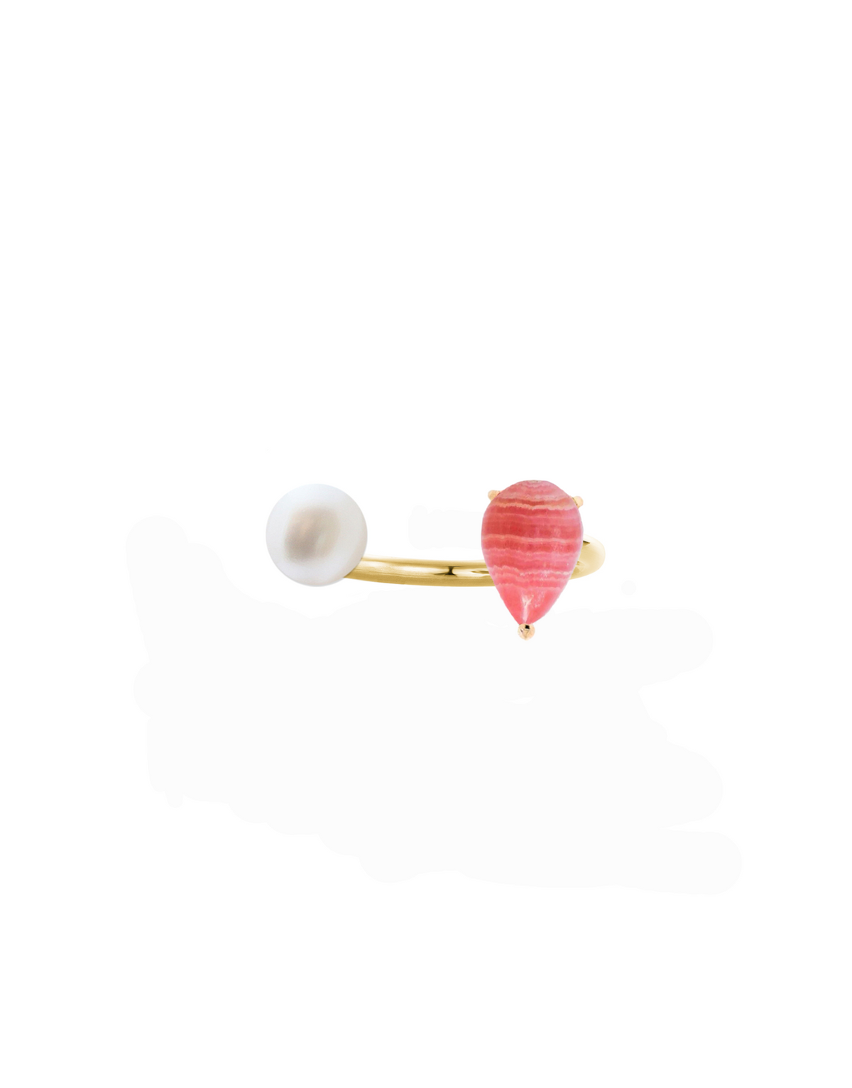 Double Pear Pearl Ring in 9K yellow gold with a pear-cut rhodochrosite stone and a pink freshwater pearl by Nayestones, Belgian fine jewelry.