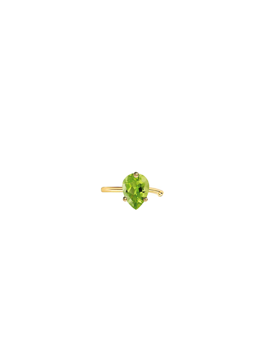 Nayestones' 9K Gold Earcuff featuring a captivatin design complemented by a vibrant pear cut Peridot, handcrafted in Antwerp.