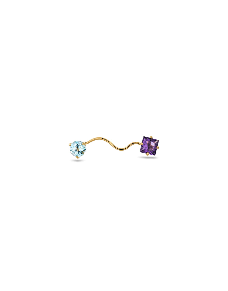  eloise-earring-gold with one square cut purple amethyst and one light blue round topaz Nayestones