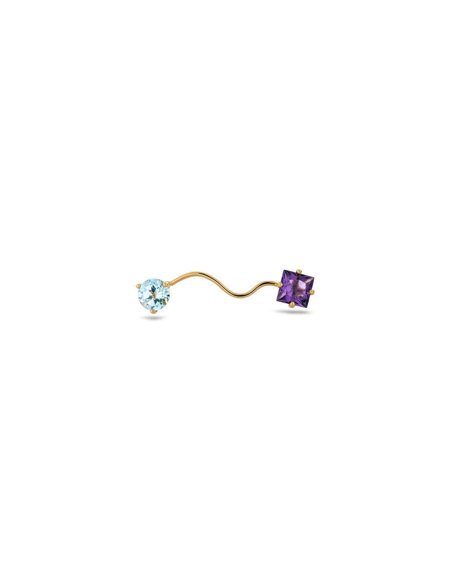  eloise-earring-gold with one square cut purple amethyst and one light blue round topaz
