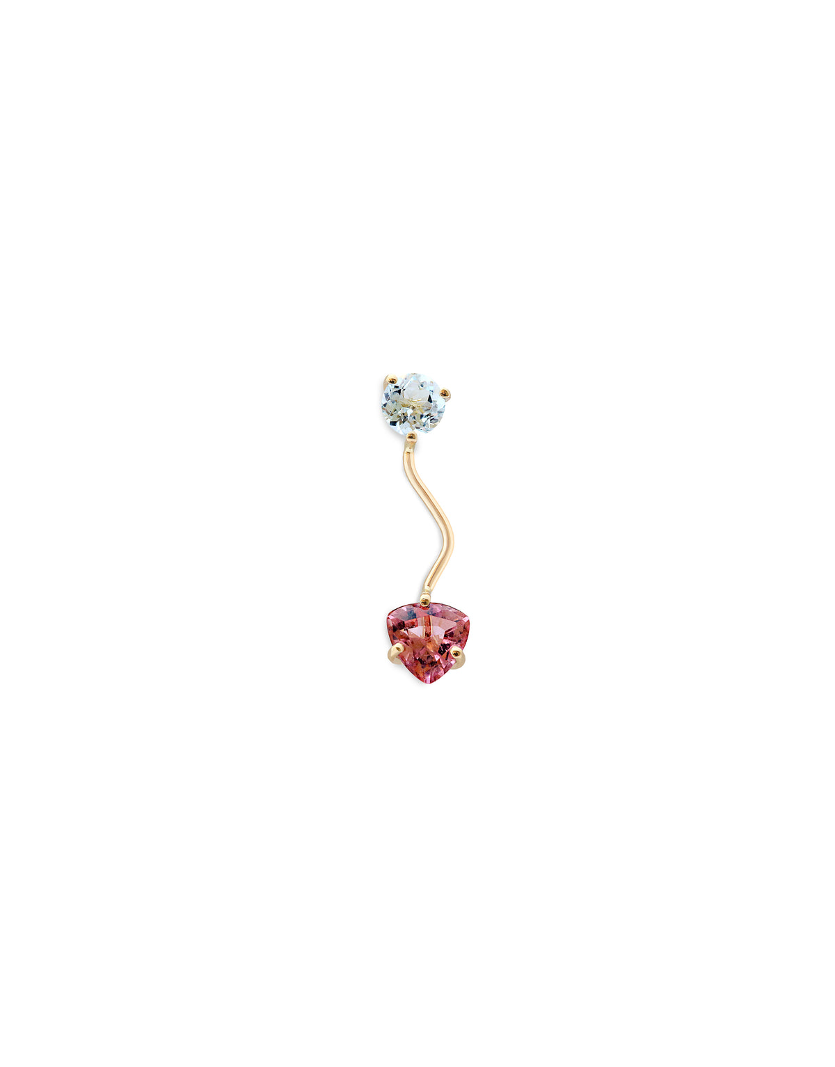 Gioia Earring in 18K yellow gold with a trillion-cut tourmaline and a round-cut topaz by Nayestones, Belgian fine jewelry. 