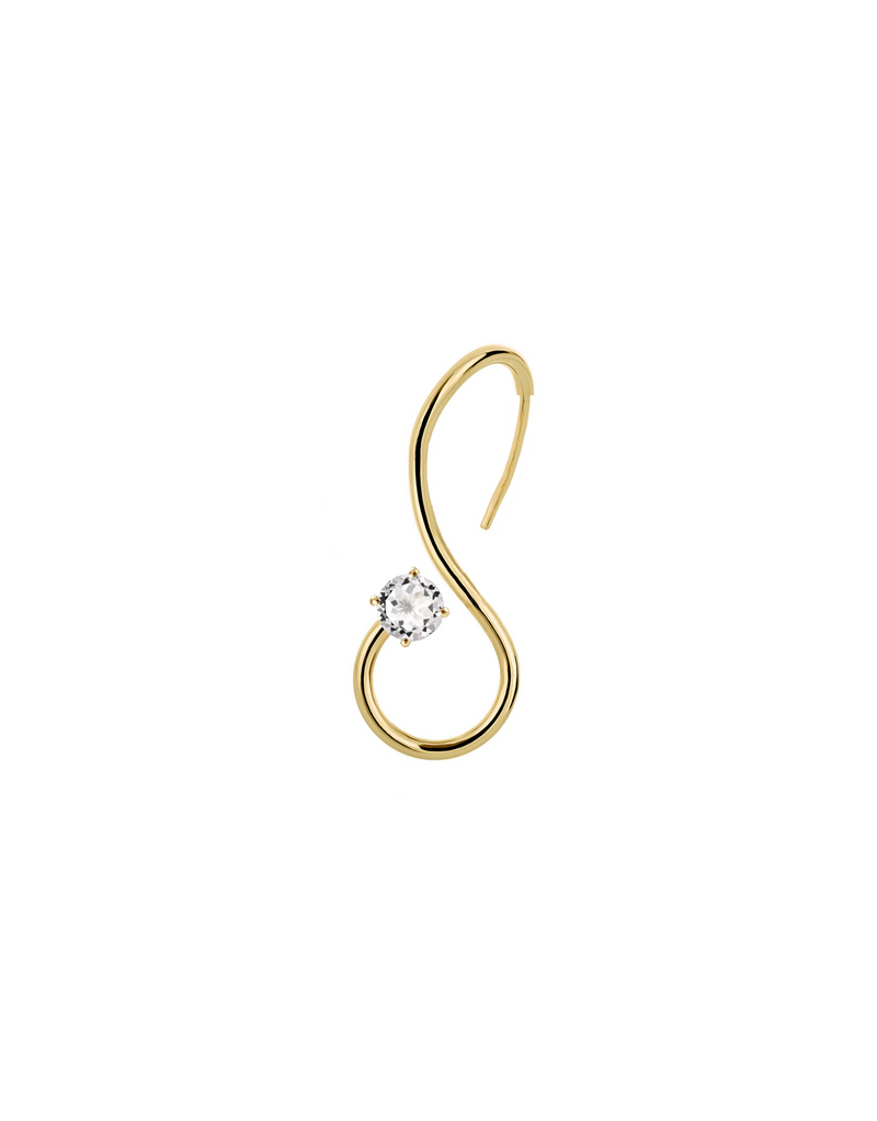 Infinity Earrings in 9k yellow gold with a round cut white topaz by Nayestones, Belgian fine jewelry.  Nayestones