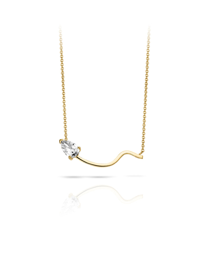 Lina Necklace in 18K yellow gold with a pear-cut white topaz by Nayestones, Belgian fine jewelry. Nayestones