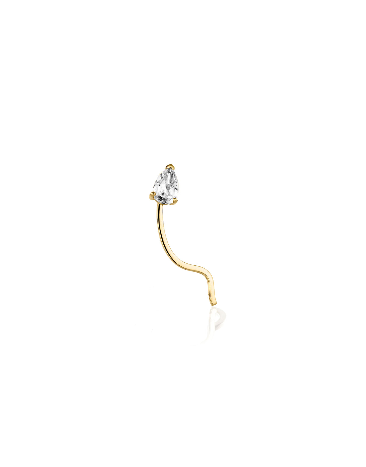Lina Big Earring in 18K yellow gold with a pear-cut white topaz stone by Nayestones, Belgian fine jewelry. 