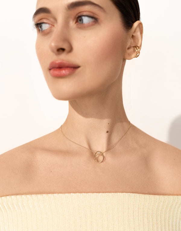 18K sustainable gold necklace, 0.05ct white diamond, 1.5cm pendant. Versatile style, dual chains. Pair with Moon Ellipse set. Nayestones, Antwerp.