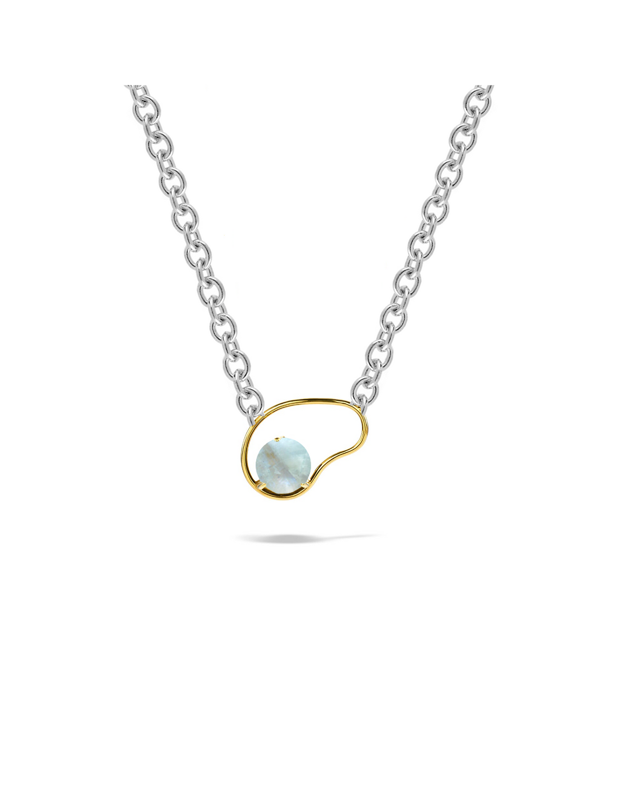 Neon Big Necklace in 9K yellow gold and 925 silver chain with a moonstone by Nayestones, Belgian fine jewelry.