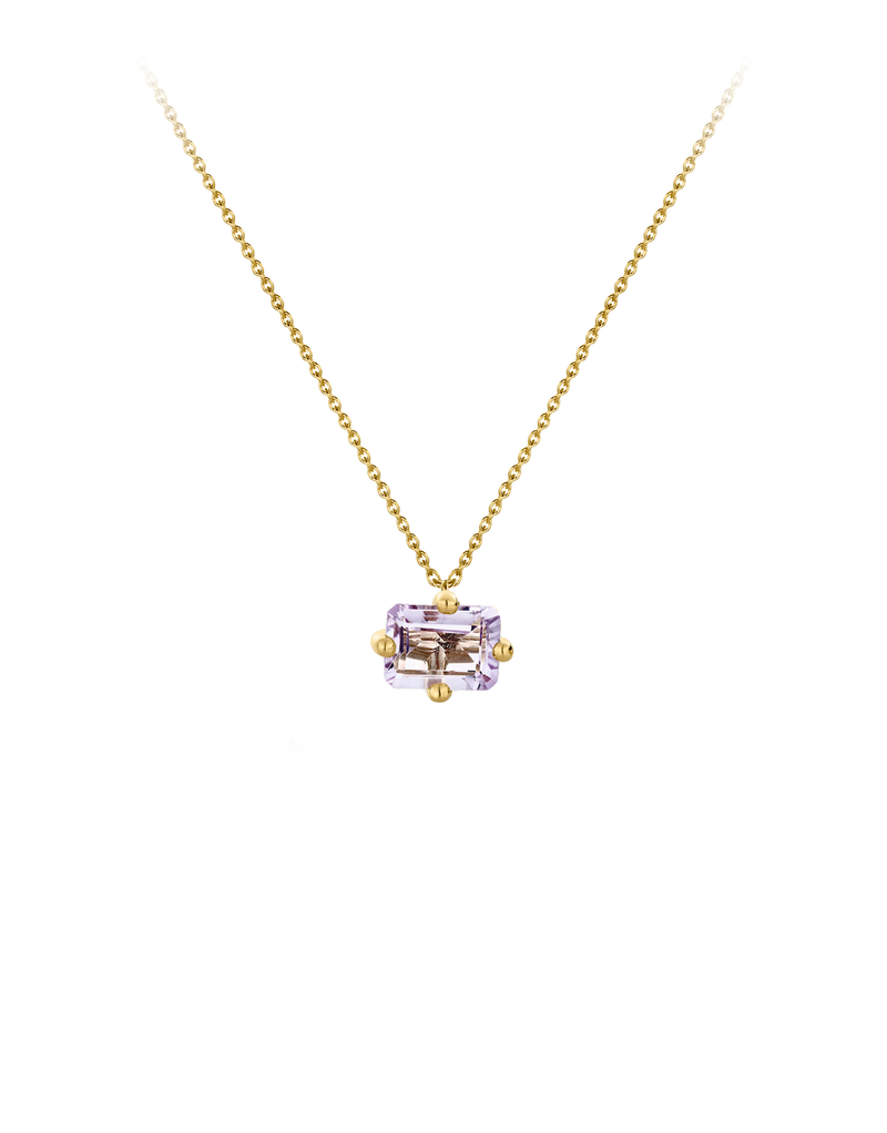 Signature octogone necklace in 9k yellow gold with an octagon-cut amethyst by Nayestones, Belgian fine jewelry.  Nayestones