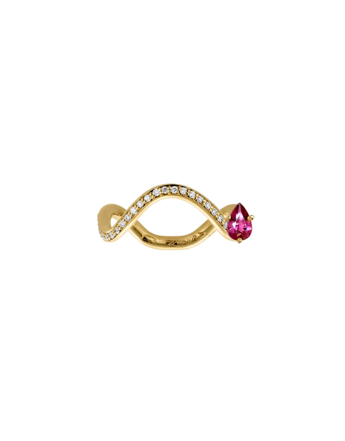 Petite Comete engagement ring in 18k yellow gold with a pear pink tourmaline by Nayestones, Belgian fine jewelry. 