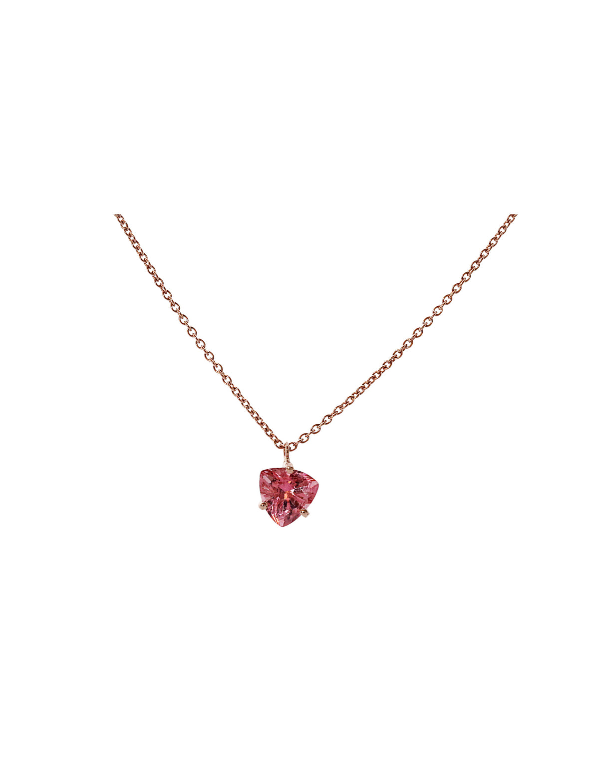 Trillion Necklace in 18k pink gold with pink tourmaline by Nayestones, Belgian fine jewelry.