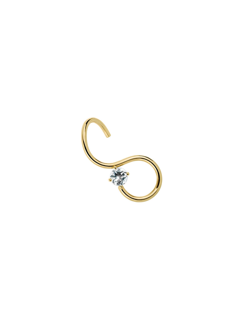 Signature Earring in 9K yellow gold with a round white topaz by Nayestones, Belgian fine jewelry. Nayestones