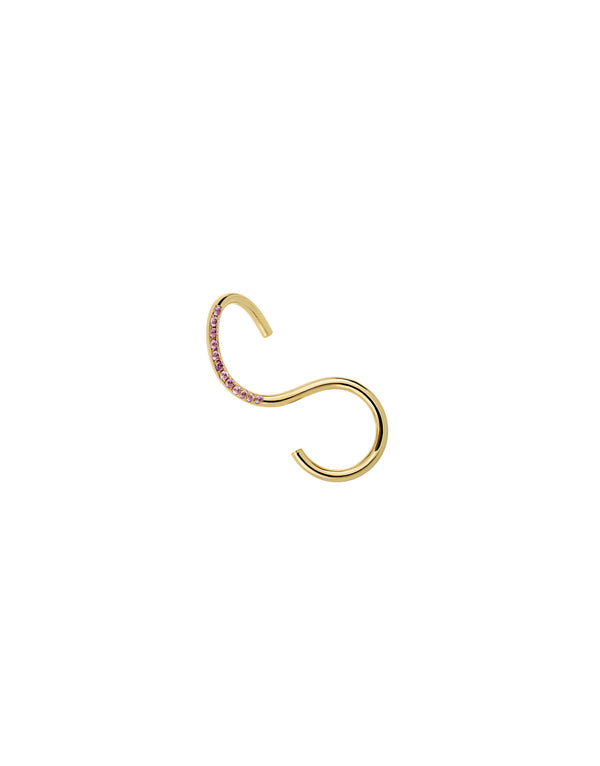 Signature Curve Earring in 9K yellow gold with pink sapphires by Nayestones, Belgian fine jewelry. Nayestones