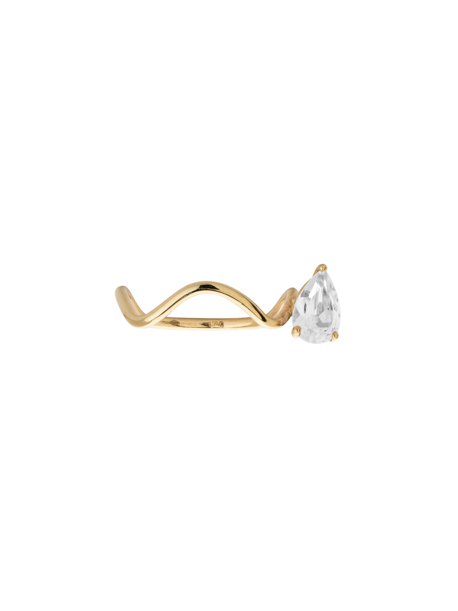 Nayestones Petite Comète Collection 9K Gold Ring featuring a Wavy Design, adorned with a White Topaz Pear-Cut Stone on the Right Side, crafted in Antwerp